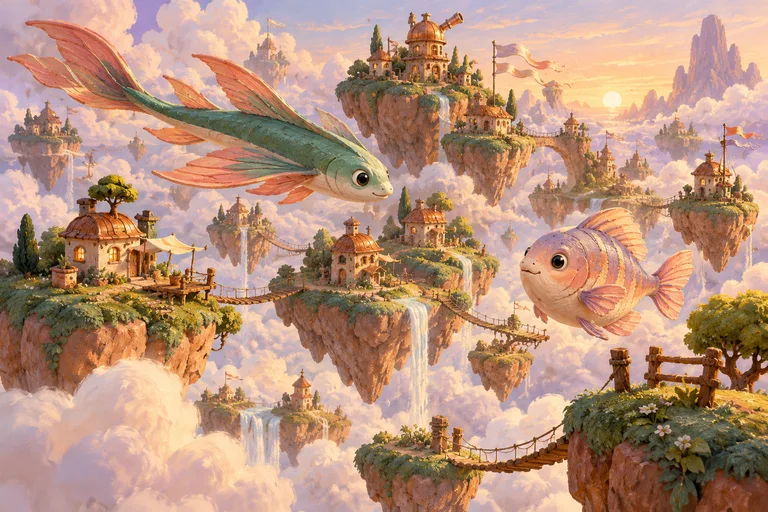 Jade perch and peach bream glide among painted floating islands and cloud-top cottages