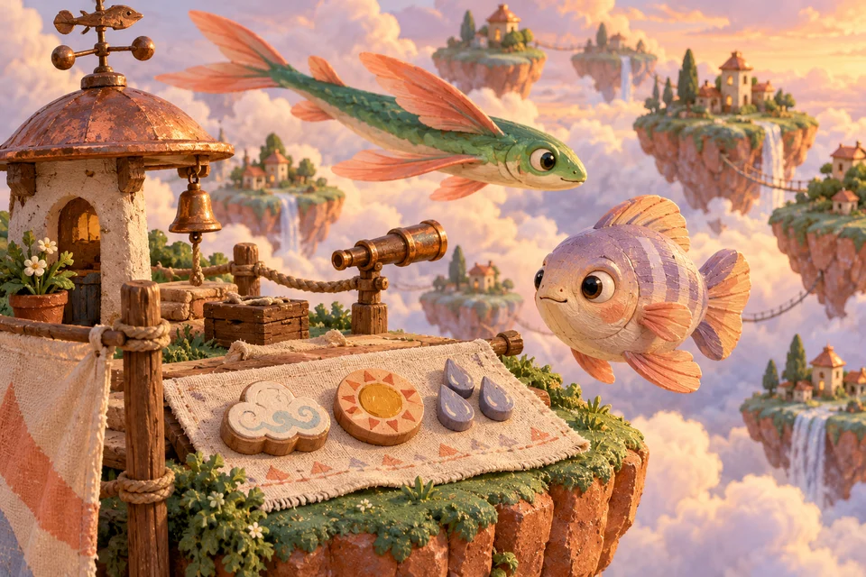A weather lookout with cloud, sun and rain charms above the floating gardens