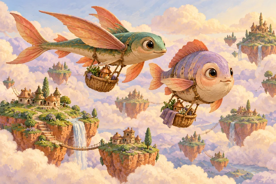 Two friendly flying fish carry tiny woven baskets between sky islands