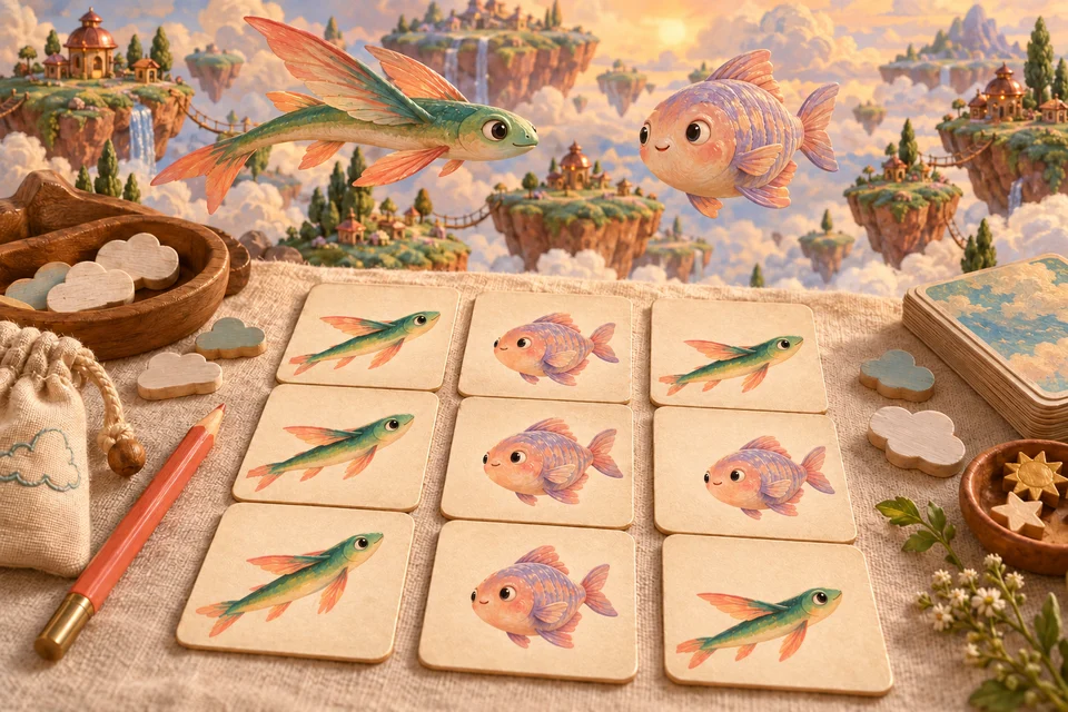Unlabelled illustrated fish cards on a linen table with wooden cloud pieces