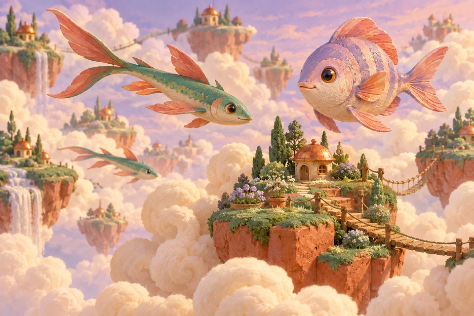 Jade perch drift around a green cloud garden suspended in a lavender sky