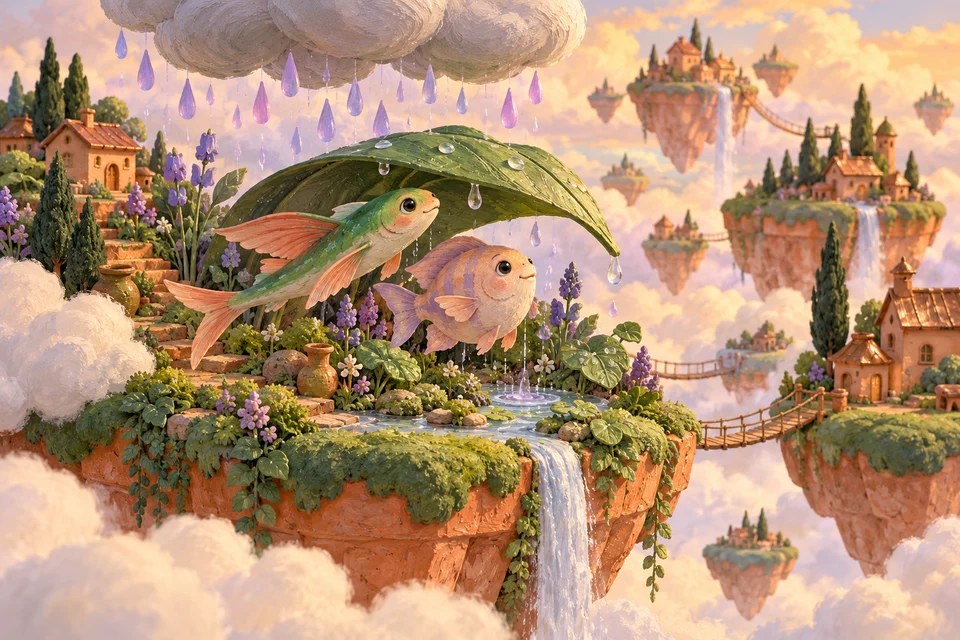 Sky fish shelter beneath a leaf in a gentle lavender rain garden