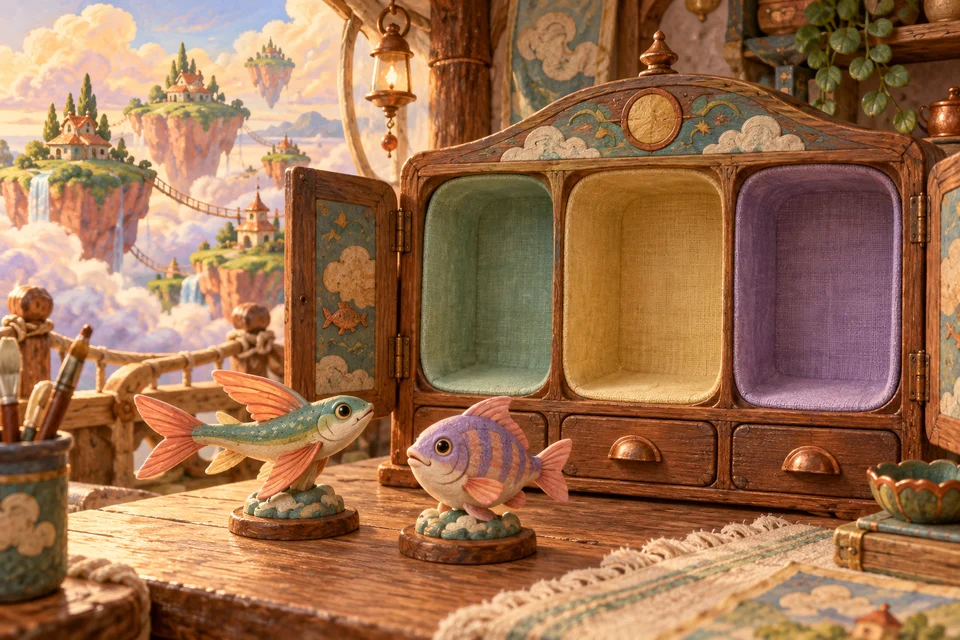 A wooden collecting cabinet with three linen-lined compartments