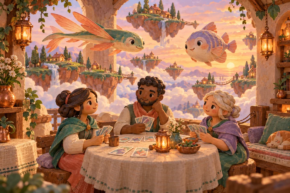 Three adult friends share an illustrated card game in a cosy sky cottage