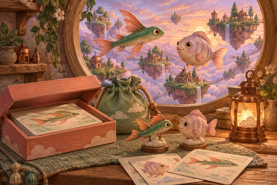 A coral game box, painted fish pieces and a glowing lantern at dusk